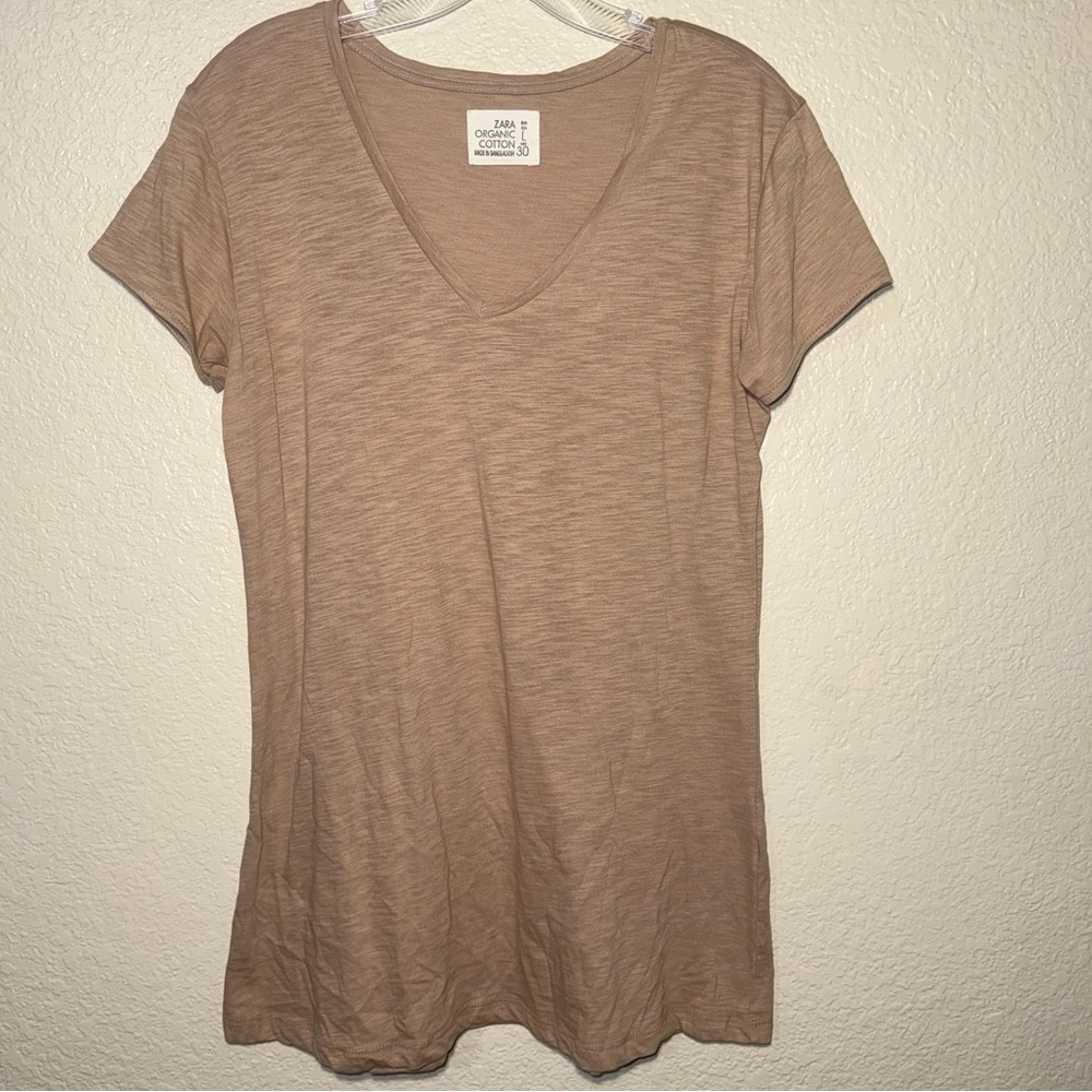 Zara Organic Cotton V Neck Tee Women’s L Beige Minimalist Capsule Basic